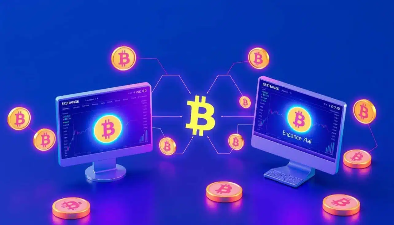 AI cryptocurrency arbitrage trading concept showing price differences between exchanges with automated trading bots