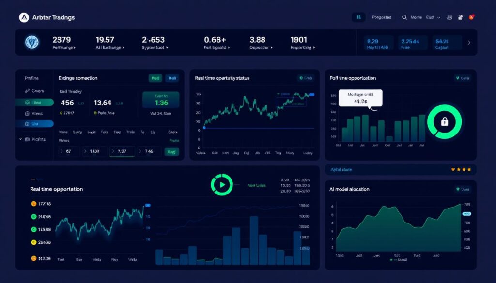 AI cryptocurrency arbitrage trading monitoring dashboard showing performance metrics