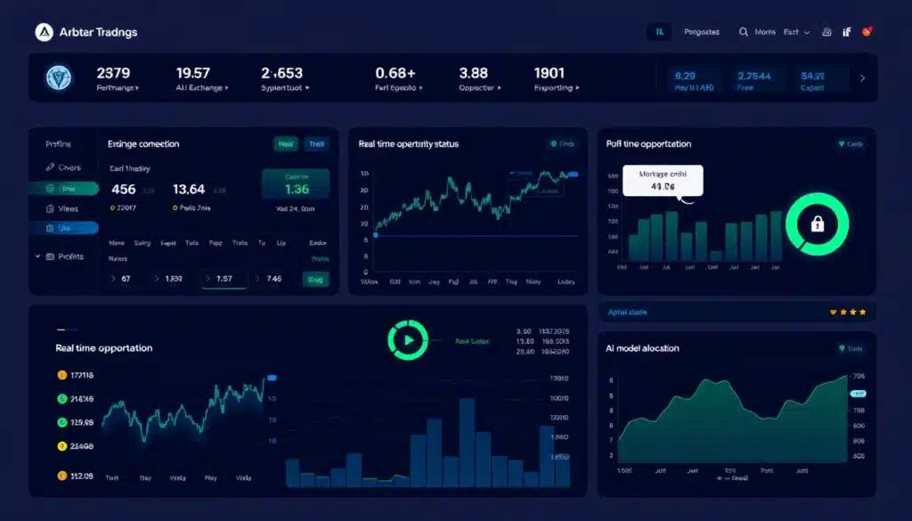 AI cryptocurrency arbitrage trading monitoring dashboard showing performance metrics