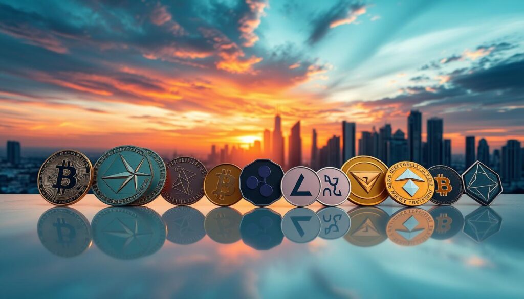 An aerial panoramic view of the leading crypto assets, captured with a wide-angle lens against a vibrant, sunset-colored sky. In the foreground, prominent cryptocurrencies like Bitcoin, Ethereum, and Solana are displayed as three-dimensional, geometric shapes, casting dynamic shadows and reflections on a sleek, polished surface. In the middle ground, other major altcoins such as Litecoin, Ripple, and Cardano are arranged in a visually striking formation, their unique symbols and branding clearly visible. The background features a cityscape of futuristic skyscrapers and digital infrastructure, symbolizing the integration of cryptocurrencies into the modern financial landscape. The lighting is soft and dramatic, creating a sense of depth and emphasizing the technological allure of these digital assets.