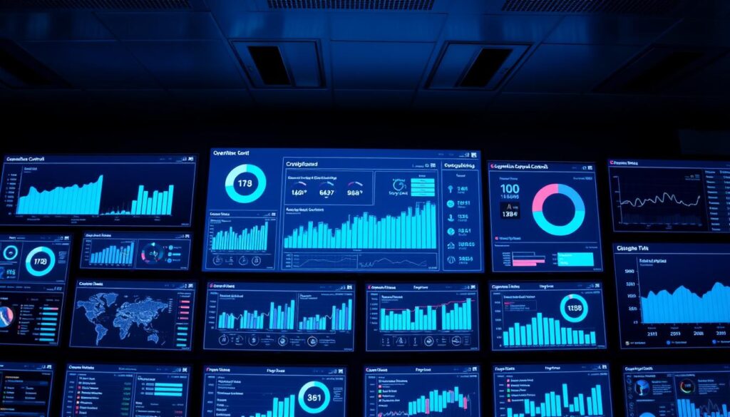 An array of digital screens displaying real-time data dashboards, with charts, graphs, and various metrics related to operational controls. The interface is sleek and minimalist, bathed in a cool, blue-tinted lighting that creates a professional, tech-savvy atmosphere. The layout is organized and easy to navigate, providing a clear overview of the key performance indicators that regulators would expect to see in a compliant cryptocurrency business. The visual style is modern and elegant, with a focus on data visualization and intuitive user experience.