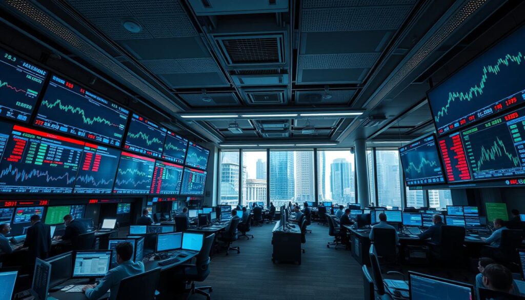 An expansive, dynamic cryptocurrency trading floor with rows of digital displays showcasing real-time market data and price fluctuations. The atmosphere is tense yet focused, with traders intently studying charts and making rapid decisions. Hues of blue, green, and red flicker across the screens, reflecting the volatile nature of the market. Bright task lighting casts a professional, analytical glow, complemented by the soft, ambient light filtering in from large windows overlooking a bustling financial district. The overall scene conveys a sense of high-stakes, data-driven decision-making in a constantly evolving digital landscape.