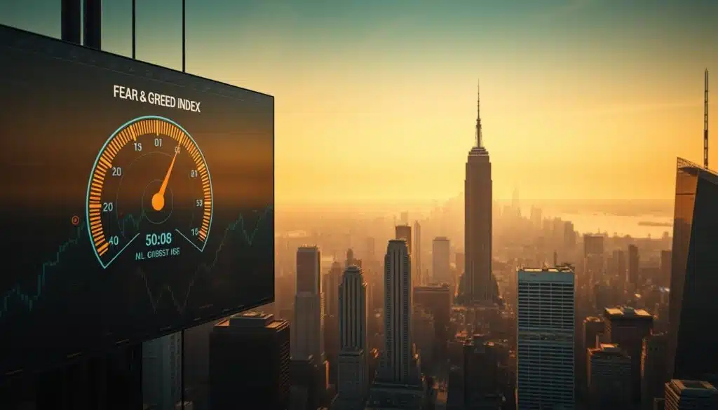 An expansive financial cityscape, bathed in a warm, golden glow. In the foreground, a digital display depicts the Fear & Greed Index, its needle oscillating between extremes, conveying the volatile emotions of the cryptocurrency market. Towering skyscrapers in the middle ground evoke the power and influence of market forces, while in the distance, a serene horizon suggests the potential for balance and stability. Subtle lighting and a cinematic lens create a sense of depth and drama, inviting the viewer to contemplate the ebb and flow of market sentiment.