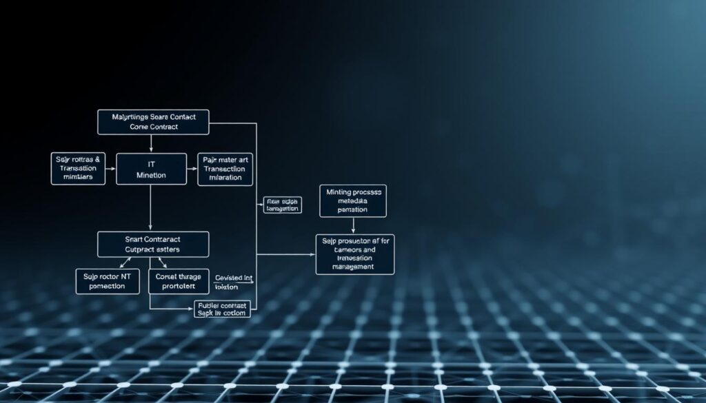 An intricate, architectural diagram depicting the smart contract implementation for an ERC-721A gas-optimized bulk NFT minting system. The foreground showcases the core contract structure, with modular components connected by clean lines and clear annotations. The middle ground highlights the flow of transactions, minting processes, and metadata management. In the background, a subtle grid pattern represents the underlying blockchain infrastructure, creating a sense of technical depth and complexity. The lighting is crisp and the angles chosen to emphasize the logical organization and interconnectivity of the system. The overall mood is one of precision, efficiency, and cutting-edge blockchain technology.