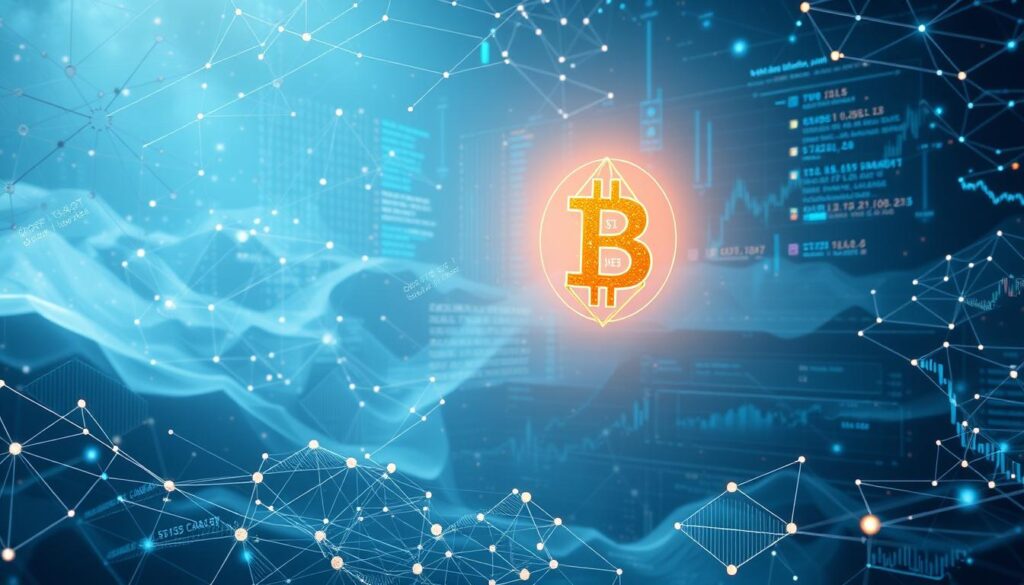 An intricate digital landscape, a fusion of finance and technology. In the foreground, a shimmering cryptocurrency symbol hovers, its faceted form casting a soft, ambient glow. Surrounding it, a web of interconnected nodes and graphs, data streams cascading like digital waterfalls. In the middle ground, a sleek, futuristic interface displays dynamic charts and analytical tools, their interfaces meticulously designed for effortless navigation. The background is a hazy, ethereal realm of cascading code and abstract geometric patterns, suggesting the complexity and power of the underlying algorithms. The scene is bathed in a cool, blue-tinged light, creating a sense of tranquility and focus, perfect for the contemplation of AI-driven crypto trading strategies.