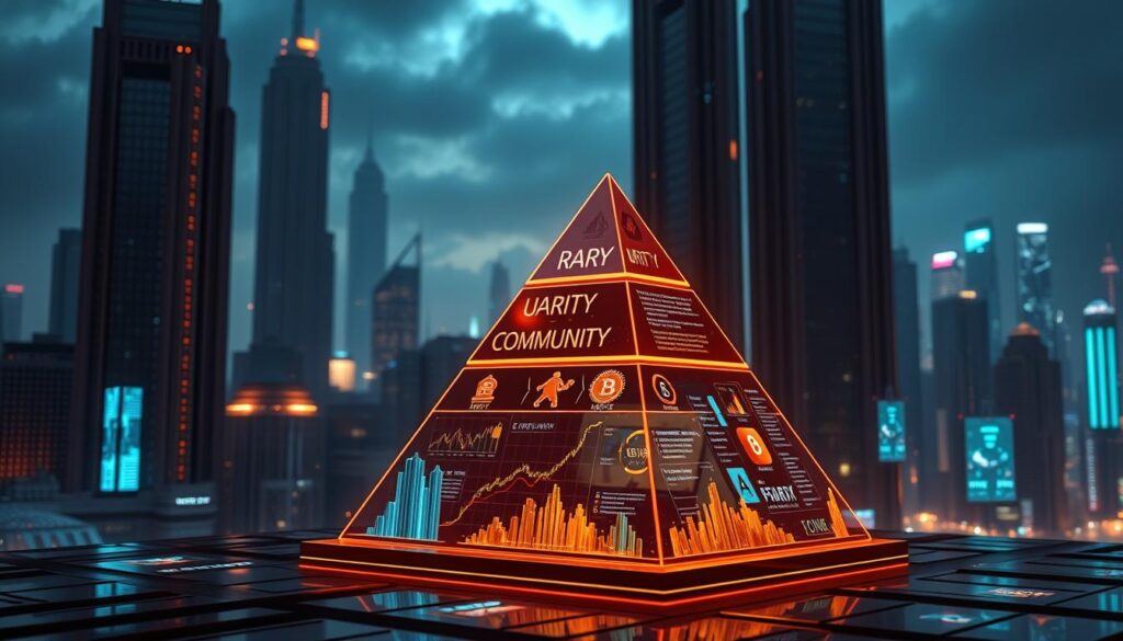 An intricate visualization showcasing the key factors influencing NFT value and utility. In the foreground, a striking 3D pyramid displays the primary drivers - rarity, utility, community, and hype. The middle ground features dynamic data visualizations illustrating the interplay between these elements. In the background, a futuristic cityscape with towering skyscrapers and floating holograms sets the scene, conveying the cutting-edge, technological nature of the NFT landscape. Cinematic lighting casts dramatic shadows, while a depth-of-field effect brings the key factors into sharp focus. The overall mood is one of sophistication, complexity, and the transformative potential of NFTs.
