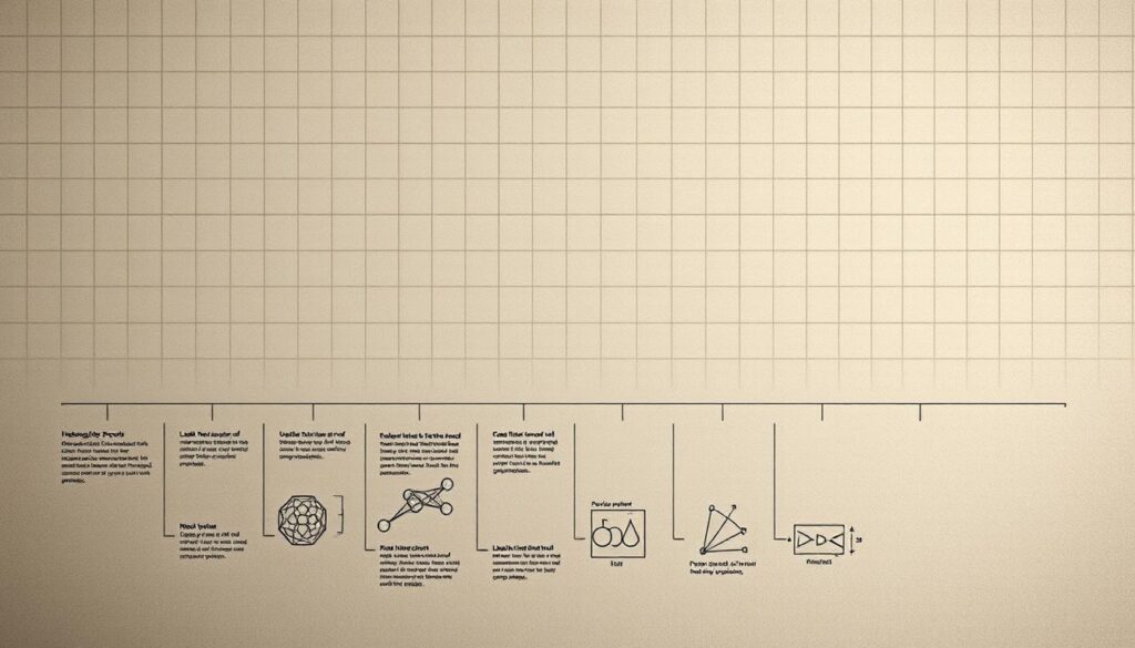 An intricately detailed historical diagram depicting the evolution of cryptographic proofs, rendered in a clean, minimalist style with muted tones. The foreground showcases a timeline of landmark cryptographic proofs, from the early theoretical foundations to the more recent developments in zero-knowledge proofs. The middle ground features technical illustrations of the core concepts and mathematical principles underlying these proof systems. The background is a subdued, textured grid evoking the interconnected nature of cryptographic research, with subtle highlights and shadows to create depth and dimension. The overall composition conveys a sense of scholarly insight and academic rigor, suitable for illustrating the history and fundamentals of zero-knowledge proof technology.