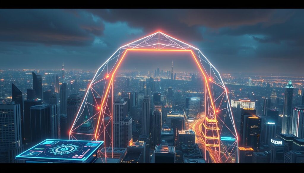 Arbitrum network, a cutting-edge layer-2 scaling solution for Ethereum, stands as a gleaming and technologically advanced gateway to the future of decentralized finance. Depicted in a wide cinematic view, the network's sleek architecture is illuminated by a warm, ethereal glow, casting a futuristic aura. In the foreground, vibrant holographic interfaces showcase the seamless user experience, while in the middle ground, interconnected nodes and blockchain infrastructure hum with efficiency. The background is dominated by a sprawling cityscape of towering skyscrapers, symbolizing the network's ability to power the next generation of decentralized applications and Web3 experiences.