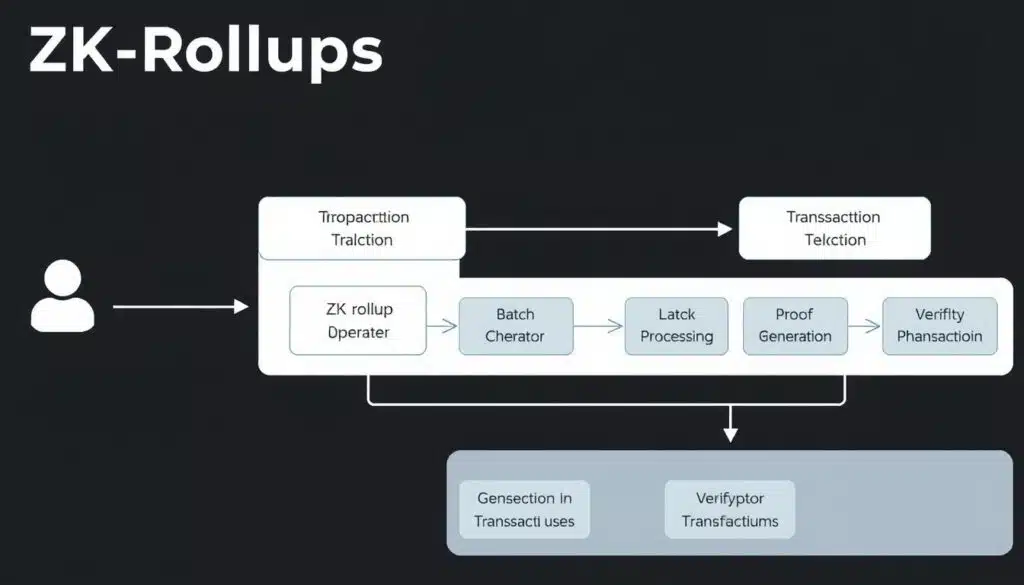 Architecture diagram of ZK-Rollups showing how transactions are batched and verified on-chain