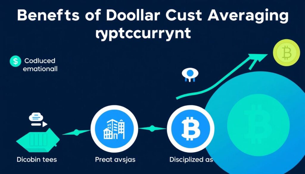Benefits of cryptocurrency dollar cost averaging strategy for beginners illustrated with icons