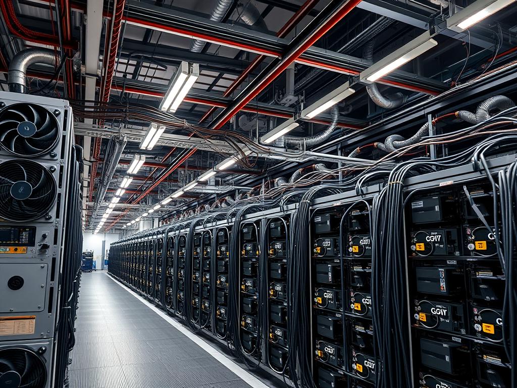 Bitcoin mining facility showing rows of ASIC miners consuming electricity for Proof of Work consensus