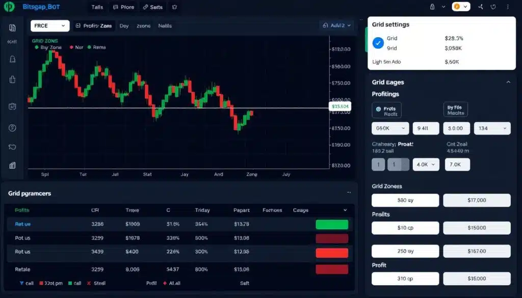 Bitsgap grid trading bot interface showing profit zones and settings