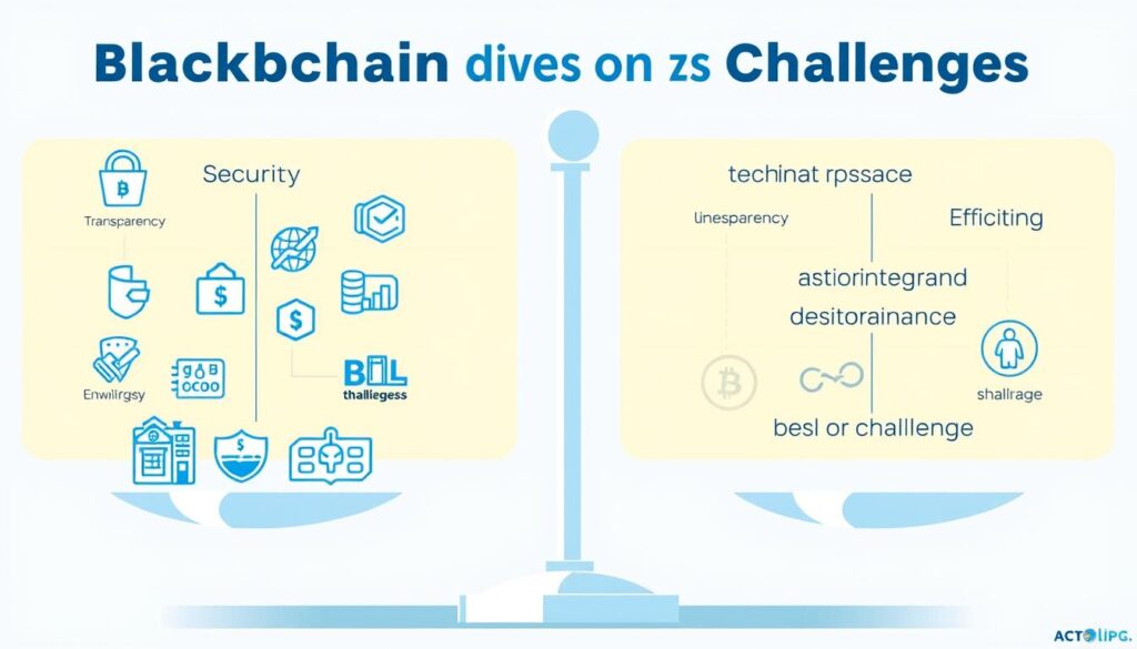 Blockchain benefits and challenges visualization with scales balancing pros and cons