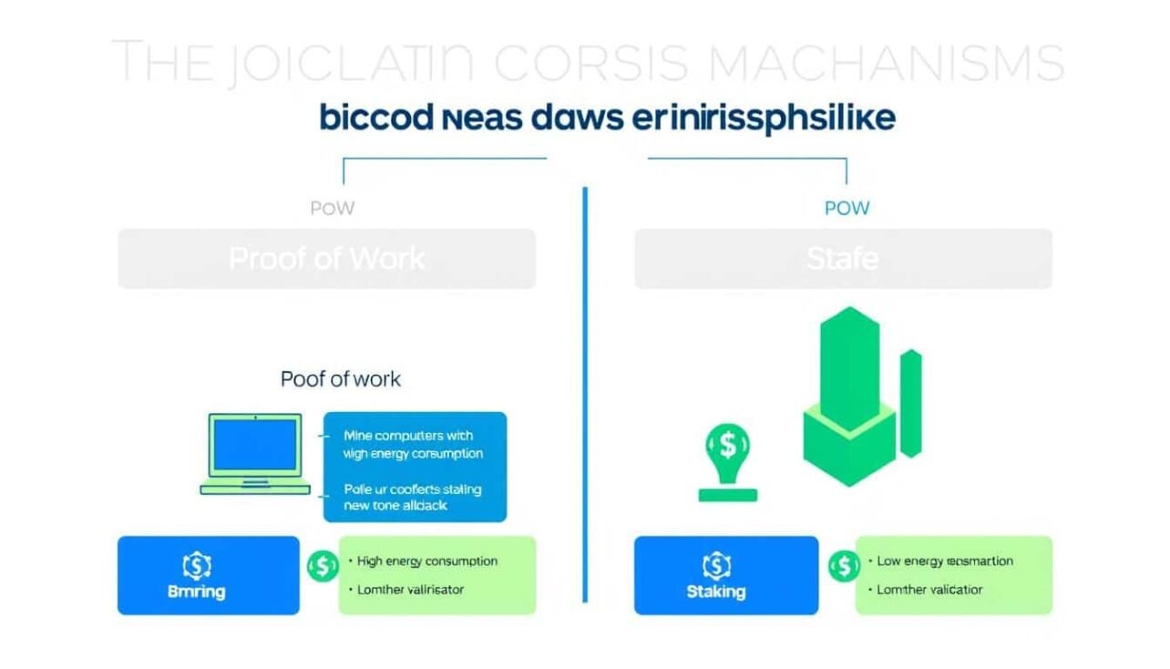 Blockchain consensus mechanisms diagram showing Proof of Work vs Proof of Stake energy efficiency