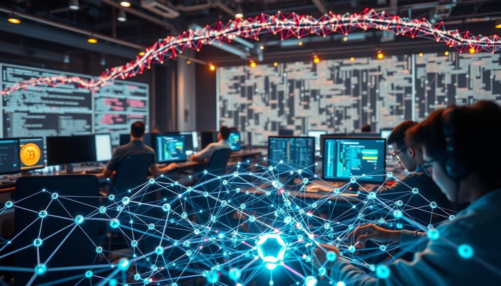 Blockchain development process, a complex tapestry of cryptography, distributed consensus, and decentralized infrastructure. In the foreground, a network of interconnected nodes, each a guardian of the immutable ledger. Overhead, a vibrant data stream pulsing with transactions, smart contracts shaping the digital future. In the middle ground, developers meticulously coding, testing, and refining decentralized applications, their keen eyes scanning for vulnerabilities. The background, a hazy matrix of blockchain protocols, each with its own unique features and challenges. Illuminated by the soft glow of monitor screens, the scene evokes a sense of cutting-edge innovation, where the boundaries of technology are continuously pushed.