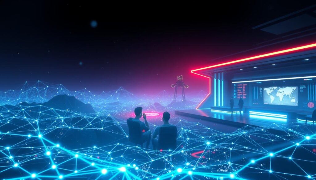 Blockchain gaming security: a futuristic digital landscape. In the foreground, a secure blockchain network pulsates with encrypted data flows, guarded by advanced cryptography. Immersive gameplay shimmers in the middle ground, players immersed in decentralized, tamper-proof virtual worlds. In the background, a sleek, high-tech control center monitors the ecosystem, ensuring the integrity of in-game assets and transactions. Diffused neon lighting casts an ethereal glow, while a sense of unbreakable trust and transparency permeates the scene. Cutting-edge technology and unwavering security combine to revolutionize the gaming industry, unlocking new realms of possibility.