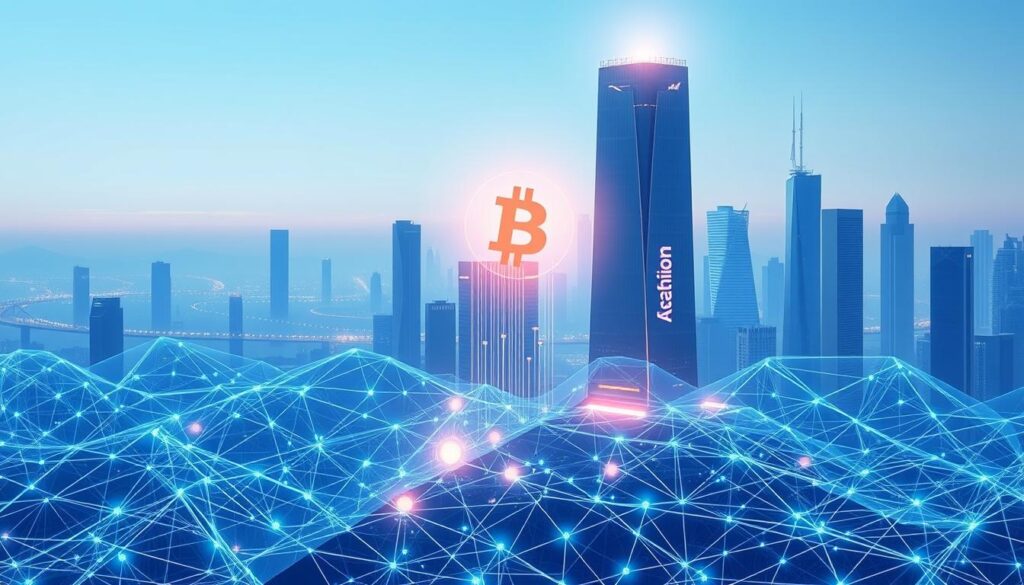 Blockchain staking rewards: A futuristic digital landscape, with a towering cryptocurrency icon at the center, emitting a soft, ethereal glow. In the foreground, intricate blockchain nodes and data streams weave together, hinting at the complex underlying infrastructure. The middle ground features a dynamic visualization of staking rewards, depicted as glowing orbs or cascading energy pulses. The background is a sleek, minimalist cityscape, with skyscrapers and sleek technological elements, all bathed in a cool, neon-tinged lighting. The overall atmosphere is one of technological innovation, financial empowerment, and the seamless integration of blockchain technology into the modern world.