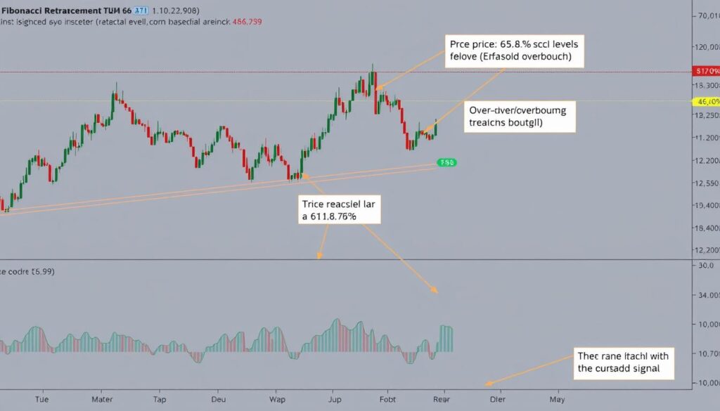 Chart showing Fibonacci retracement levels combined with RSI indicator for stronger cryptocurrency price prediction signals Chart showing Fibonacci retracement levels combined with RSI indicator for stronger cryptocurrency price prediction signals