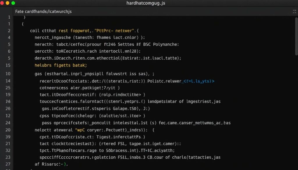 Code editor showing Hardhat configuration for multiple networks