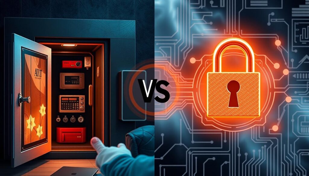 Comparison between physical art vault and digital NFT wallet security showing protection strategies