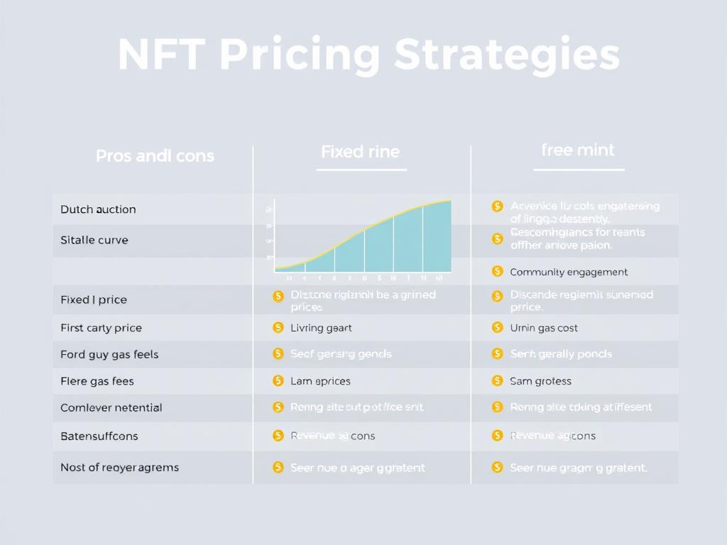 Comparison of NFT pricing strategies showing Dutch auction, fixed price, and free mint approaches