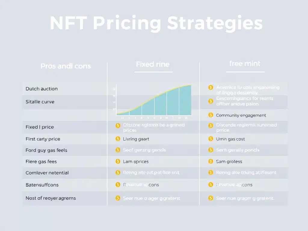 Comparison of NFT pricing strategies showing Dutch auction, fixed price, and free mint approaches