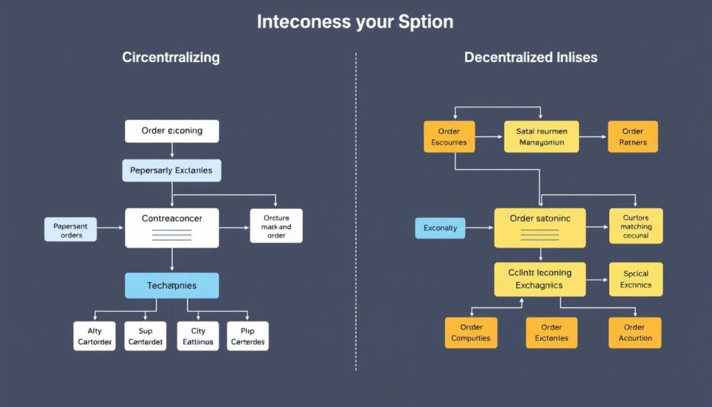 Comparison of centralized and decentralized exchange architectures showing order matching mechanisms