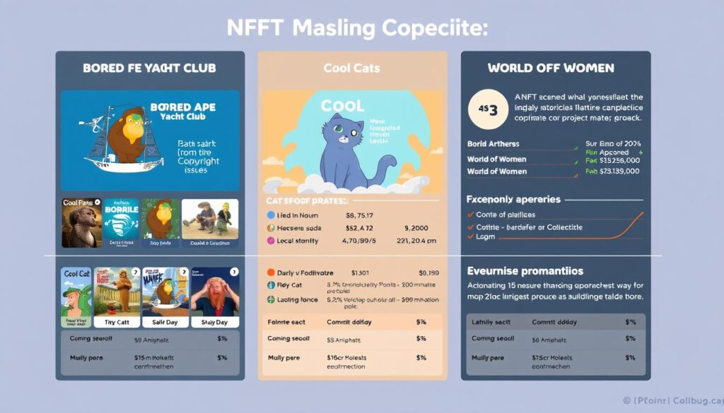 Comparison of successful NFT projects showing Bored Ape Yacht Club, Cool Cats, and World of Women