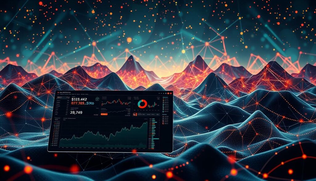 Comprehensive crypto metrics visualization: a captivating digital landscape with a dynamic array of charts, graphs, and data visualizations. The foreground features a sleek, minimalist dashboard displaying real-time cryptocurrency market data, including price trends, trading volumes, and market capitalization. In the middle ground, intricate data visualizations unfold, showcasing the interconnected nature of the crypto ecosystem. The background is a vibrant, abstract pattern of geometric shapes and lines, evoking the technological complexity and innovation inherent in the cryptocurrency market. Lighting is soft and diffused, creating a sense of depth and atmosphere. The overall composition strikes a balance between functionality and artistic flair, reflecting the intersection of finance, technology, and design in the world of cryptocurrencies.