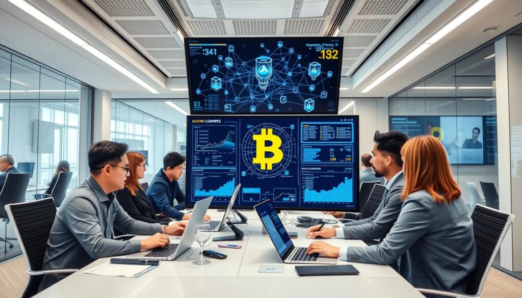 Corporate office with blockchain visualization representing enterprise blockchain adoption in USA