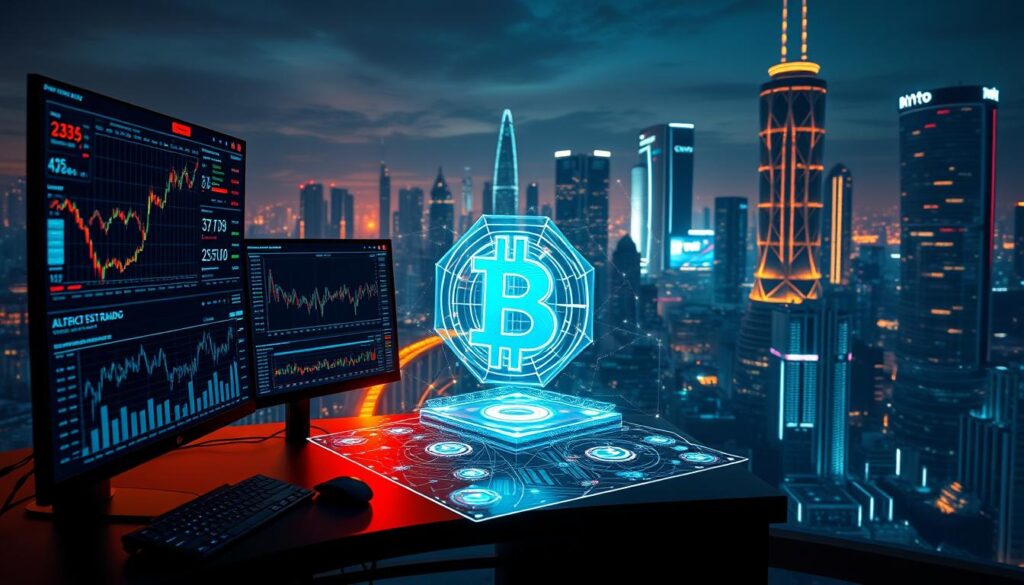 Crypto data analysis: a digital landscape of dynamic charts, vibrant graphs, and intricate data visualizations. In the foreground, a sleek desktop setup with multiple screens displaying real-time market data, algorithmic trading indicators, and sentiment analysis dashboards. The middle ground features a holographic projection of a 3D cryptocurrency model, its facets shifting and transforming to illustrate complex blockchain transactions. In the background, a panoramic view of a futuristic financial hub, with towering skyscrapers and glowing neon displays. Warm, directional lighting casts a subtle glow, creating a sense of depth and technological sophistication. The atmosphere is one of focused intensity, as the analyst delves deep into the intricate patterns and insights hidden within the crypto data.