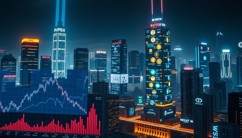 Crypto portfolio evolution: a dynamic cityscape of rising and falling cryptocurrency symbols, illuminated by the glow of digital screens. Foreground features a series of candlestick charts tracking the historical performance of major crypto assets, each with its own distinct data visualization. Midground showcases a tower of interconnected portfolio dashboards, their metrics and analytics displayed in holographic 3D. The background is a futuristic urban landscape, skyscrapers adorned with neon-lit crypto logos, their facades reflecting the ever-changing fortunes of the digital currency market. Cinematic lighting casts dramatic shadows, creating a sense of techno-financial drama. Captured with a high-resolution wide-angle lens, the scene conveys the complexity and volatility of cryptocurrency investing.