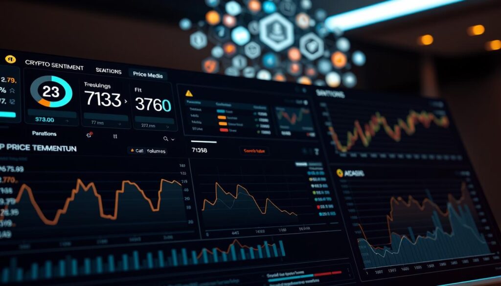 Crypto sentiment tools: A data-driven dashboard showcasing real-time cryptocurrency market insights. In the foreground, sleek graphs and charts visualize sentiment metrics like trading volume, social media activity, and price momentum. In the middle ground, various analytical tools and indicators are seamlessly integrated, allowing users to track market trends and investor sentiment. The background features a subtle holographic display of cryptocurrency logos, symbolizing the interconnected nature of the digital asset ecosystem. Warm, muted lighting creates a sophisticated, tech-forward atmosphere, inviting the viewer to explore the cutting-edge tools for navigating the dynamic cryptocurrency markets.
