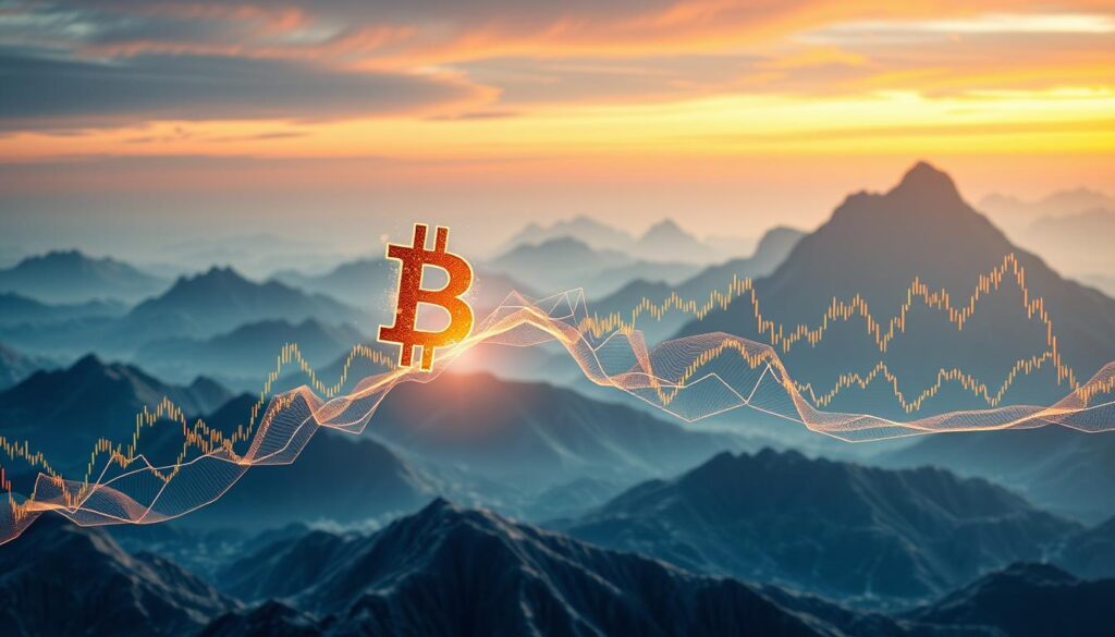 Crypto stock relationship evolution: a dynamic dance of digital and traditional finance. Against a backdrop of ethereal, data-driven landscapes, two intertwined financial entities gracefully navigate their evolving connection. Cryptocurrencies, represented by a shimmering, faceted crypto symbol, weave in and out of the frame, mirroring the fluctuating movements of stock market indices, depicted as sleek, pulsating lines. The composition captures the intricate balance and tension between these seemingly disparate yet inextricably linked financial systems, as they adapt and respond to each other in a captivating visual symphony.