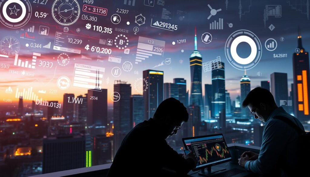 Crypto trading challenges: A high-tech cityscape at dusk, with complex data visualizations, graphs, and charts floating in the air, casting a neon glow over the scene. In the foreground, a CRYPTOMAXIMAL-branded trading terminal displays a jumble of volatile crypto prices and indicators, overwhelmed by the sheer complexity of the market. The middle ground features shadowy figures hunched over their devices, brows furrowed in concentration, struggling to make sense of the ever-changing crypto landscape. In the background, towering skyscrapers loom, reflecting the uncertainty and rapid evolution of the AI-driven cryptocurrency world.