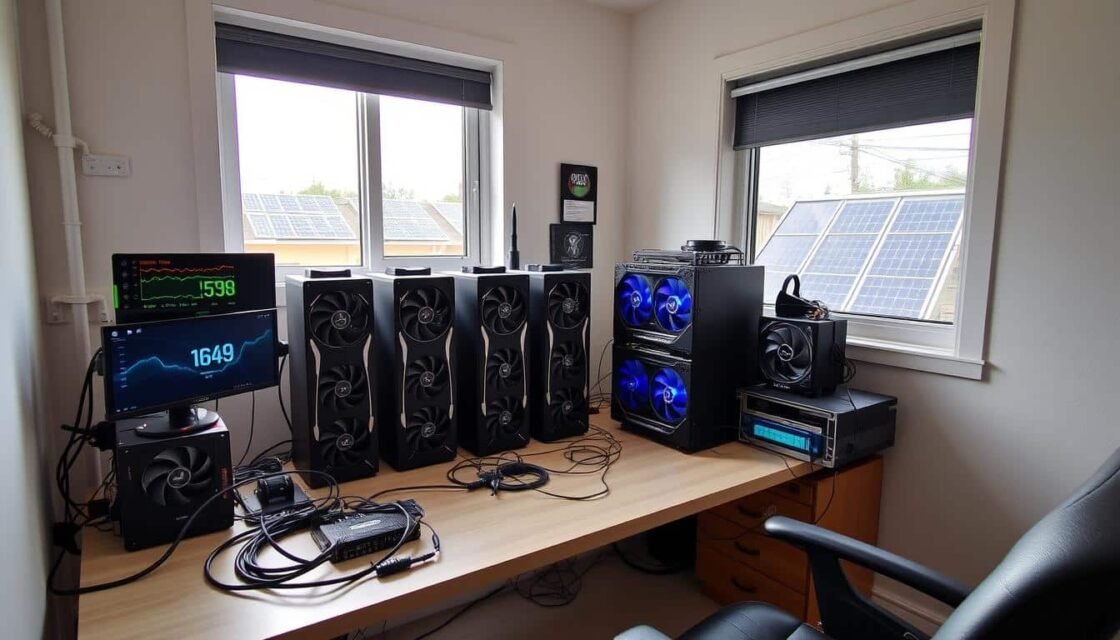 Cryptocurrency mining setup with energy monitoring equipment showing low electricity consumption