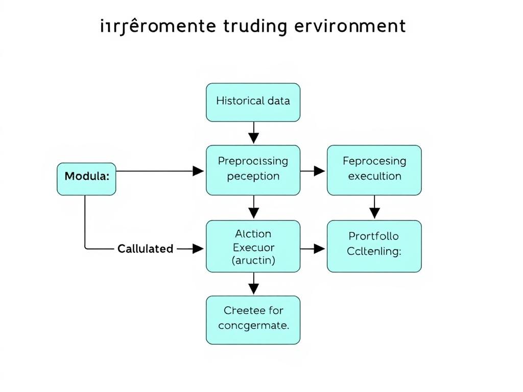 Cryptocurrency trading environment components showing data pipeline, action space, and reward calculation