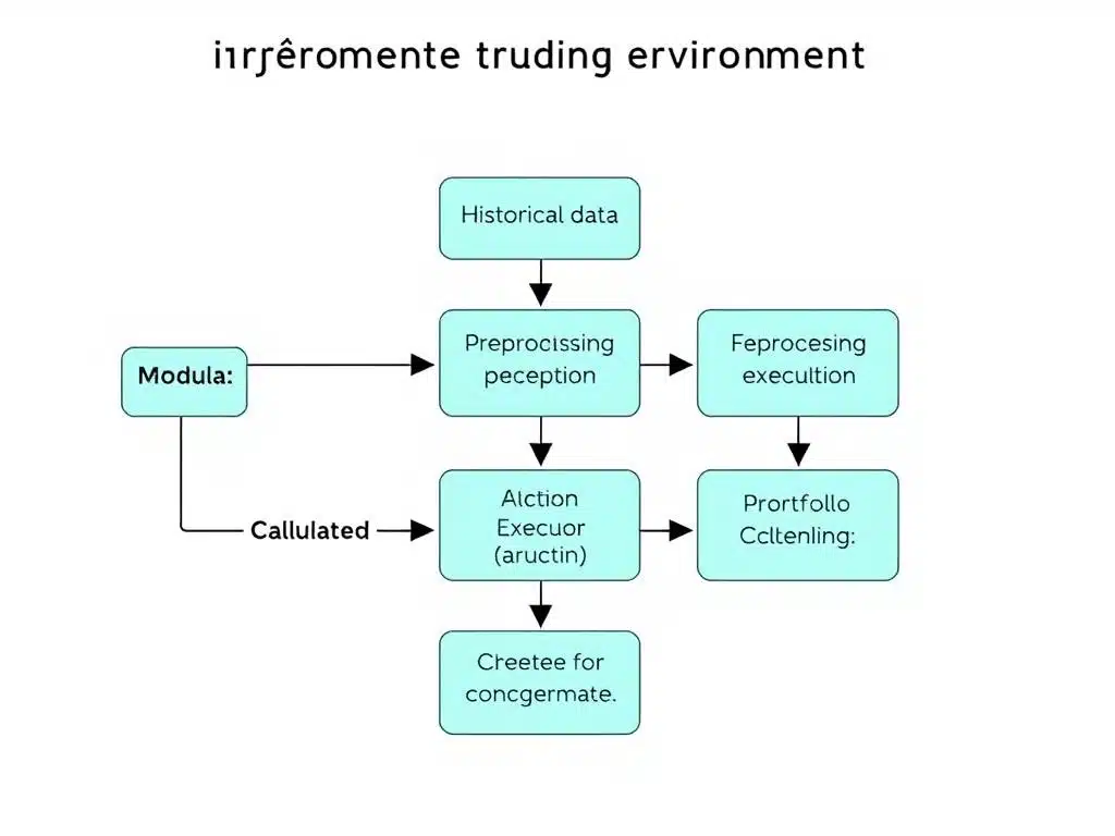 Cryptocurrency trading environment components showing data pipeline, action space, and reward calculation
