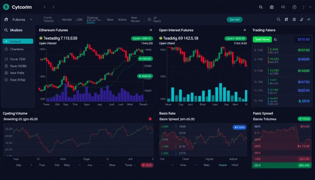 Dashboard showing key cryptocurrency futures metrics including open interest, volume, and funding rates