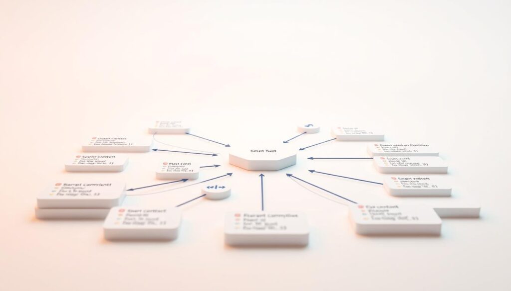 Detailed 3D diagram of smart contract code structure, with clean white background and soft shadows. In the foreground, a modular design with color-coded modules representing different functions and events. In the middle ground, a central smart contract core surrounded by external integrations and dependencies. In the background, a stylized blockchain network architecture with nodes and transactions. Illuminated by warm, directional lighting to create depth and focus on the central smart contract components. Rendered in a minimal, technical style that conveys the elegance and complexity of decentralized contract logic.
