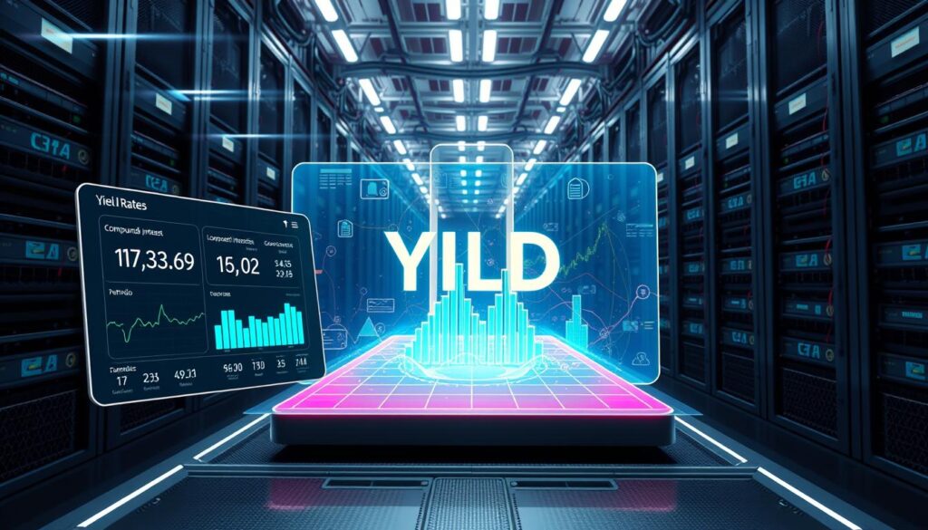 Detailed 3D render of a cryptocurrency lending platform's yield generation mechanisms. In the foreground, a sleek, futuristic interface displays real-time yield rates, compound interest calculations, and portfolio breakdowns. The middle ground features a dynamic, holographic representation of blockchain transactions and smart contract executions, their flows visualized as colorful, energy-like pulses. In the background, a towering data center backdrop with banks of servers, cooling systems, and intricate network cables, all bathed in a cool, ethereal glow. Dramatic, high-contrast lighting creates depth and emphasizes the technological complexity of the crypto yield ecosystem.