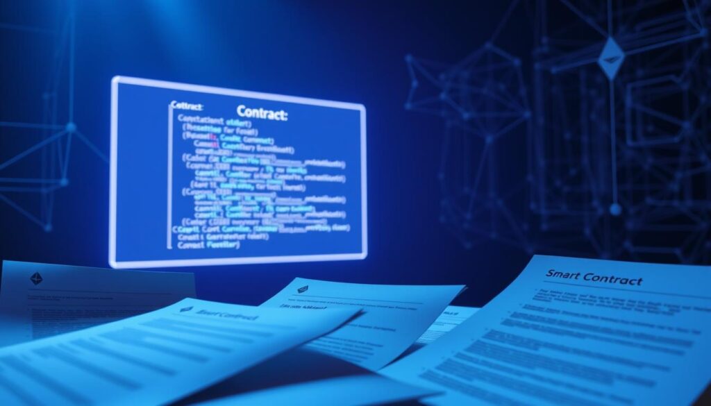 Detailed Ethereum smart contract documents floating in a dimly lit, futuristic studio setting. Soft blue and purple lighting casts a serene, technological atmosphere. Contracts are arranged in the foreground, with a sleek holographic display in the middle ground projecting contract details and code snippets. In the background, a network of interconnected nodes and circuits suggests the underlying blockchain infrastructure. The overall scene conveys a sense of technical depth and the transformative potential of Ethereum smart contract development.