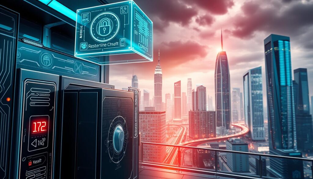 Detailed crypto security measures, captured in a sleek, futuristic illustration. In the foreground, a secure digital vault with biometric locks and encrypted panels. Hovering above, holographic displays showcasing multi-factor authentication and real-time threat monitoring. In the background, a cityscape of gleaming skyscrapers and advanced communication networks, protected by layers of cybersecurity. Dramatic lighting casts an atmospheric glow, conveying a sense of high-tech vigilance and cutting-edge safeguards. Crisp, high-resolution rendering with a seamless, cinematic quality.