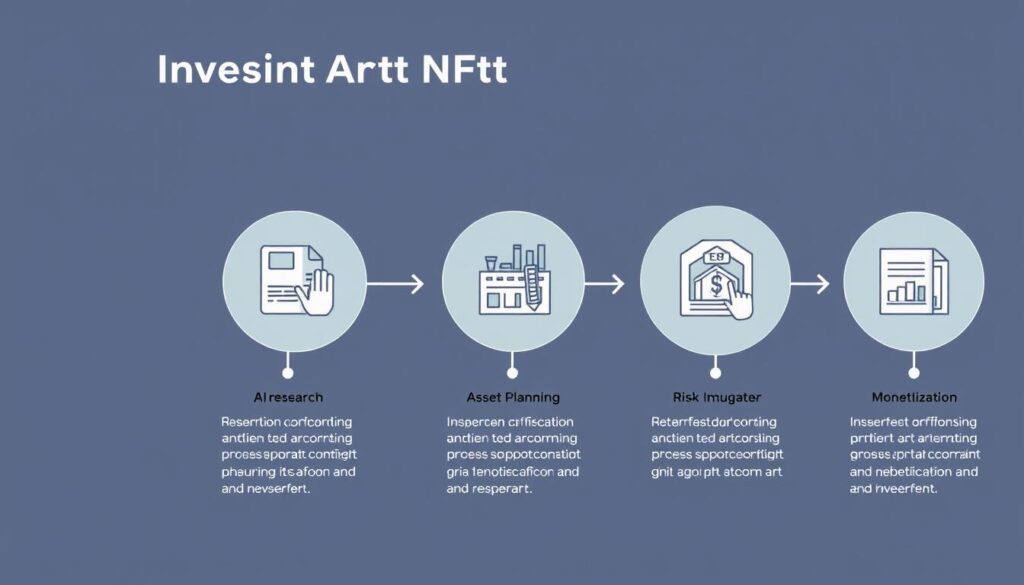 Detailed depiction of the investment process steps for digital art NFT investment. A crisp, clean illustration showcasing the key stages - research, portfolio planning, asset acquisition, risk management, and monetization. Rendered in a minimalistic, modern style with geometric shapes, clean lines, and a muted color palette. Lighting is bright and natural, with a subtle sense of depth and perspective. The overall mood is informative and instructive, guiding the viewer through the nuances of the investment journey. The composition is well-balanced, drawing the eye through the various steps in a logical flow.