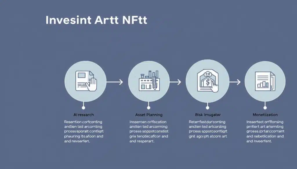 Detailed depiction of the investment process steps for digital art NFT investment. A crisp, clean illustration showcasing the key stages - research, portfolio planning, asset acquisition, risk management, and monetization. Rendered in a minimalistic, modern style with geometric shapes, clean lines, and a muted color palette. Lighting is bright and natural, with a subtle sense of depth and perspective. The overall mood is informative and instructive, guiding the viewer through the nuances of the investment journey. The composition is well-balanced, drawing the eye through the various steps in a logical flow.