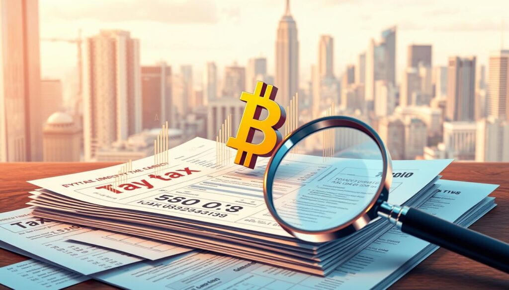 Detailed digital illustration depicting the complexities of cryptocurrency tax and fees. In the foreground, a magnifying glass examines a stack of tax forms and financial documents, conveying the intricate regulatory landscape. The middle ground features a 3D cryptocurrency icon, with data streams and figures flowing around it, representing the challenges of calculating gains, losses, and applicable taxes. The background showcases a cityscape with skyscrapers, alluding to the global nature of the crypto ecosystem and the need to navigate diverse tax jurisdictions. The overall scene is illuminated by a soft, warm lighting, creating a contemplative and analytical atmosphere.