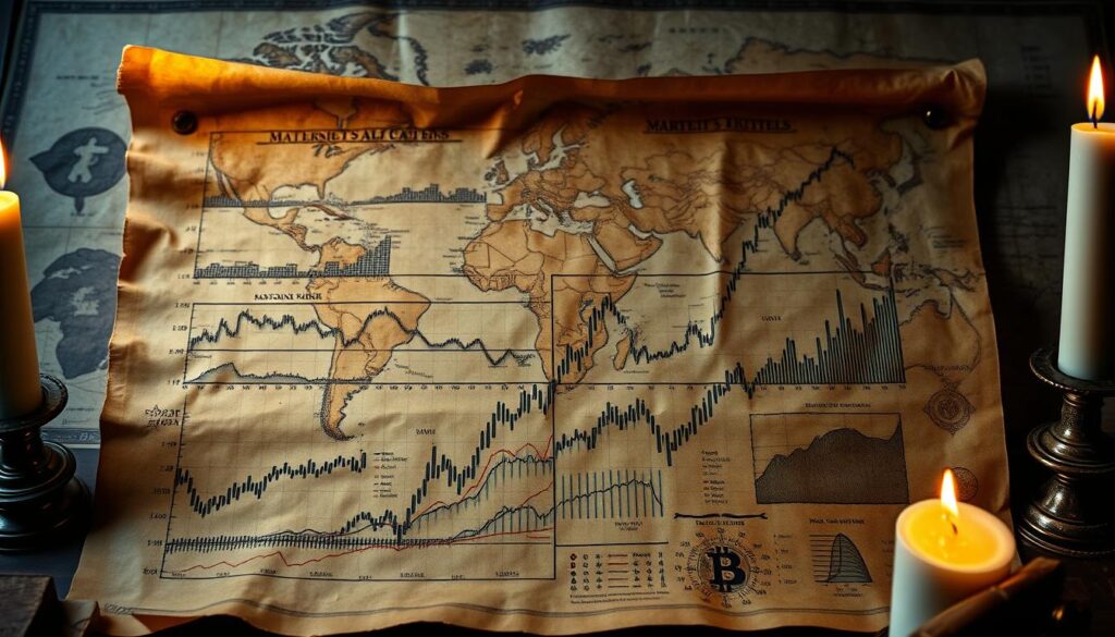Detailed historical crypto patterns displayed on an ancient parchment scroll, illuminated by soft candlelight. In the foreground, intricate charts and graphs depicting the rise and fall of various altcoin markets over time. The middle ground showcases classic bull and bear market indicators, represented by symbolic iconography. In the background, a weathered world map highlights the global nature of the cryptocurrency ecosystem. The overall atmosphere evokes a sense of timeless wisdom and insights gleaned from past crypto market cycles.