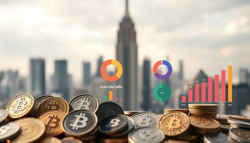 Detailed illustration of taxable and non-taxable crypto transactions. In the foreground, a collection of digital currency icons representing different cryptocurrencies, each with a clear label indicating whether the transaction is taxable or not. In the middle ground, a series of pie charts and bar graphs visually displaying the breakdown of taxable vs. non-taxable crypto transactions. The background features a soft, blurred cityscape with skyscrapers and a cloudy sky, creating a sense of financial and technological progress. The lighting is subtle and natural, with a slightly muted color palette to convey a sense of seriousness and professionalism befitting the subject matter. The overall composition is balanced and easy to interpret, guiding the viewer's attention to the key information.