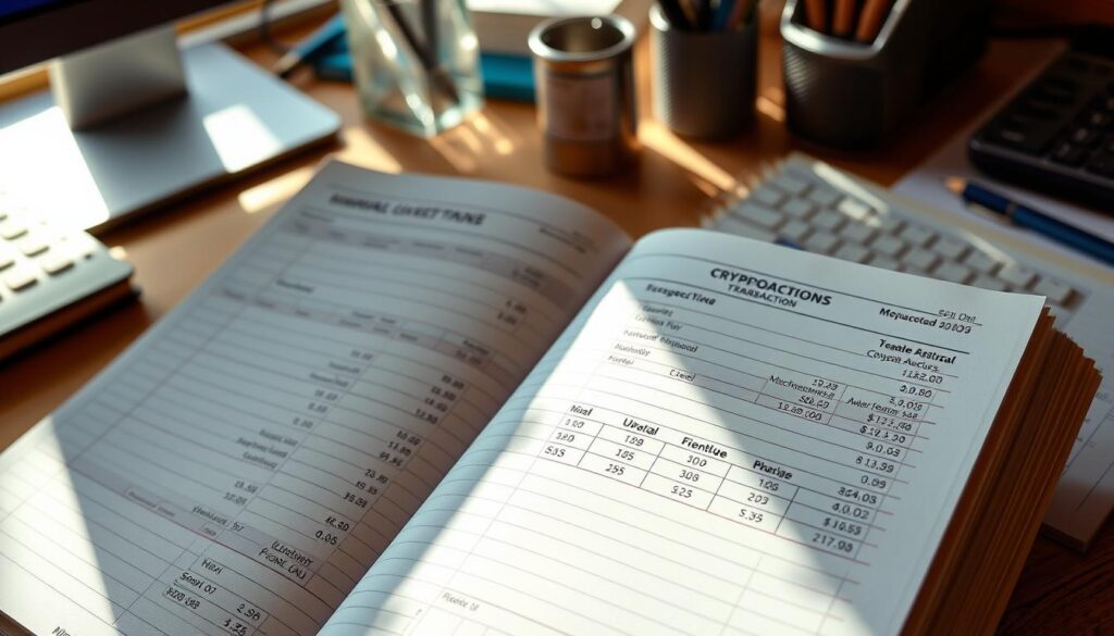 Detailed ledger pages displaying cryptocurrency transaction records, transactions dates, purchase prices, and associated fees. Soft natural lighting illuminates the financial documents, creating a sense of authenticity and careful record-keeping. A desktop computer and office supplies provide context, emphasizing the importance of properly documenting crypto-related taxes. The overall mood is one of diligence and attention to detail, reflecting the need to accurately report cryptocurrency gains.