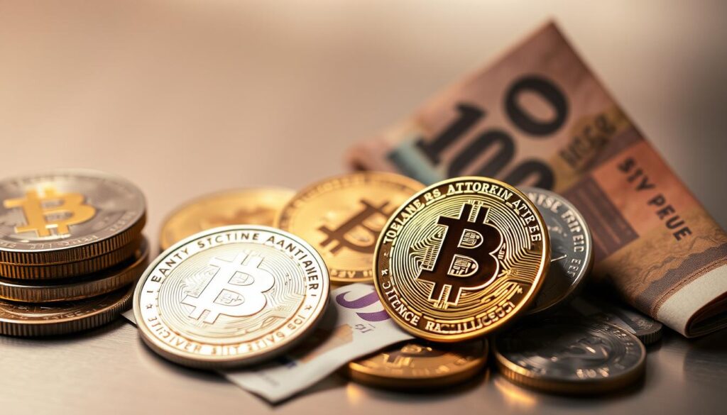 Detailed macro shot of various cryptocurrency coins and bank notes, set against a sleek, metallic backdrop. Warm, directional lighting highlights the textured surfaces and reflective qualities of the assets. The arrangement suggests the interplay between digital currencies and traditional fiat money, emphasizing the financial considerations of crypto conversion. Subtle depth of field blur in the background creates a sense of focus on the central subject matter. The overall mood is one of sophistication and financial acumen.